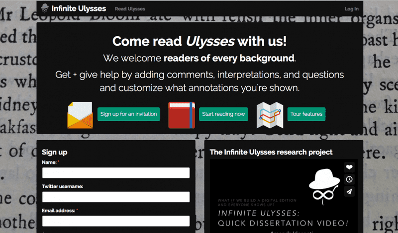 Screenshot of the current front page of InfiniteUlysses.com